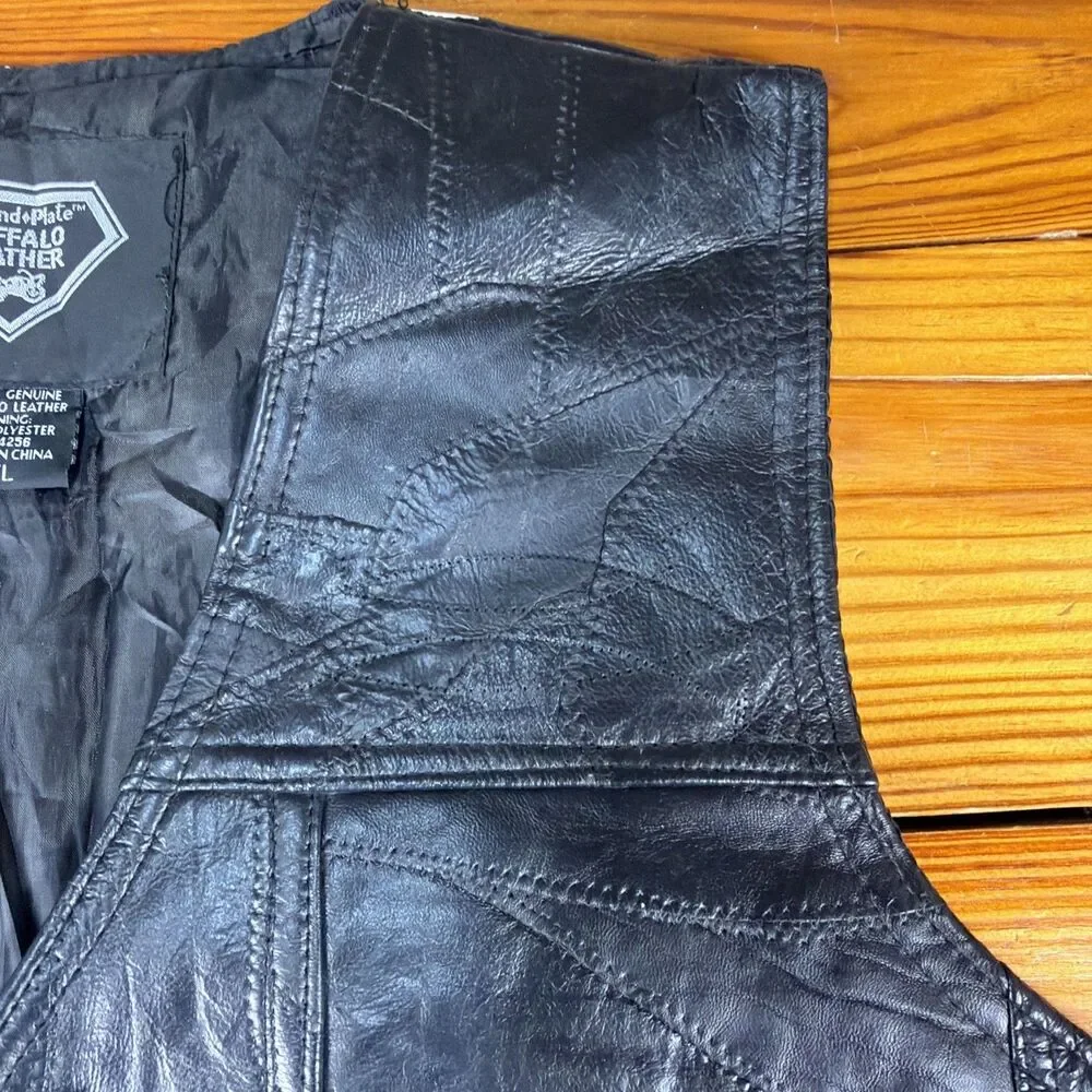 DIAMOND PLATE BUFFALO LEATHER BLACK BUTTON UP BIKER VEST WITH PATCHES XL